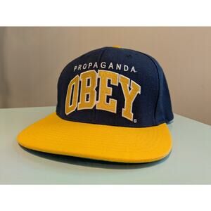 OBEY Hat Mens Adjustable Snap Back Cap Blue Yellow Propaganda Spell Out Logo